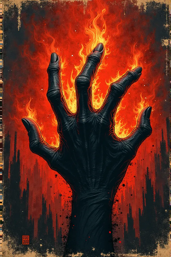 album cover. top says THE BLACK HANDS. bottom says BURN! artwork: a creepy black hand in flames on a red and black background. vintage creepy horror comic style with worn cover