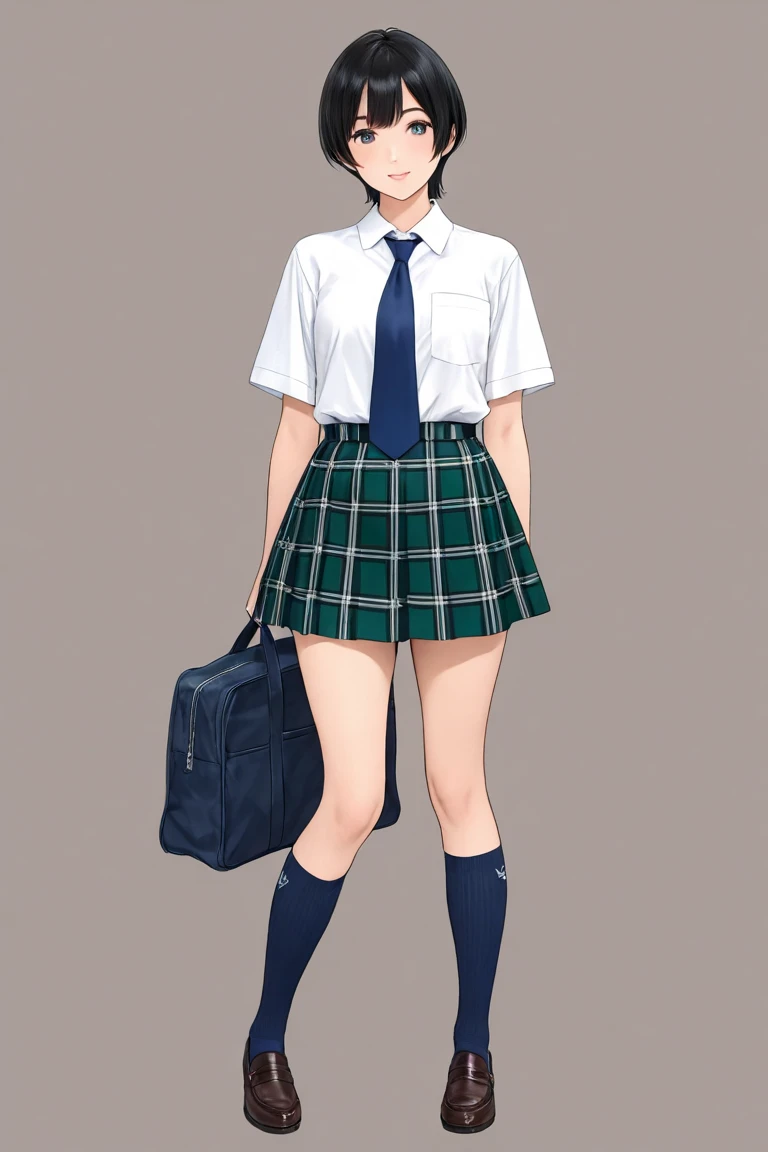 Japanese　woman　 short cut pretty girl 　 black hair　 short sleeve blouse 　 green check skirt　navy blue tie　 socks　Half-naked　 Panchira　 I'll give you a skirt