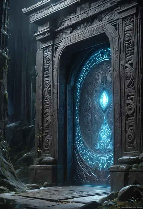 Soul Trap, An eerie glowing gate standing as the entrance to the Soul Trap emitting a ghostly light that seeps through its ancient runic carvings ensnaring spirits in its malevolent embrace, UHD, retina, masterpiece, accurate, super detail, high details, h...