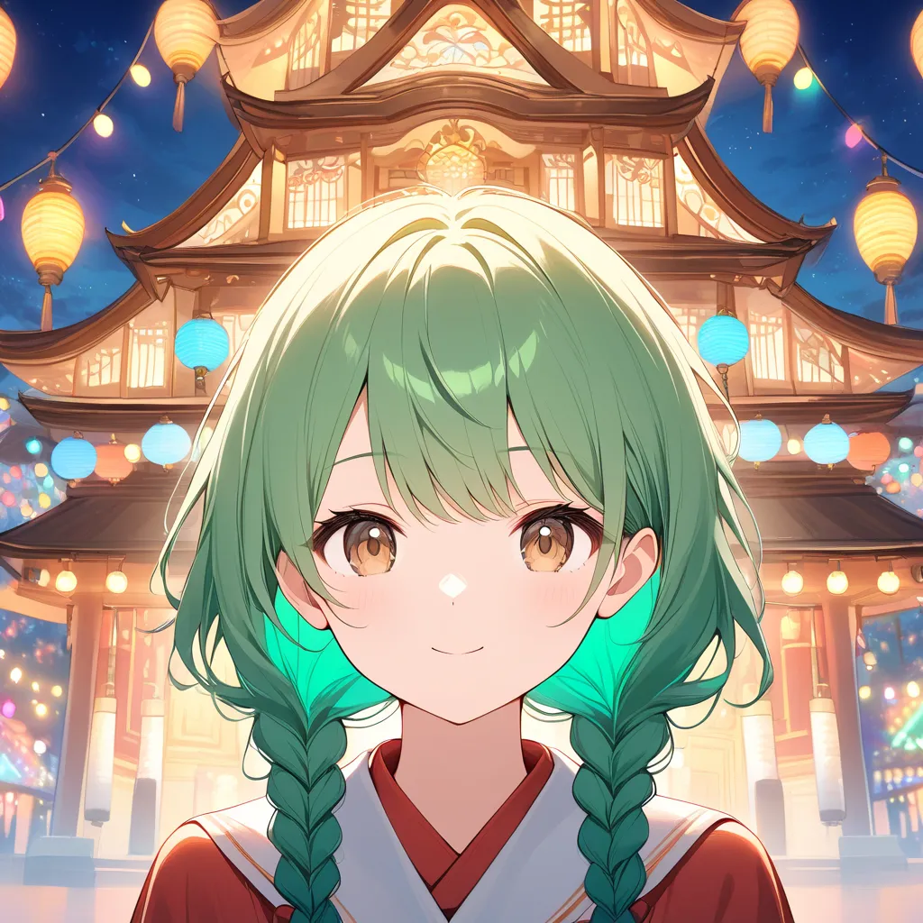 Double braids，green hair，brown eyes，Visit a temple fair，night，Beautiful Girl，avatar，Close shot