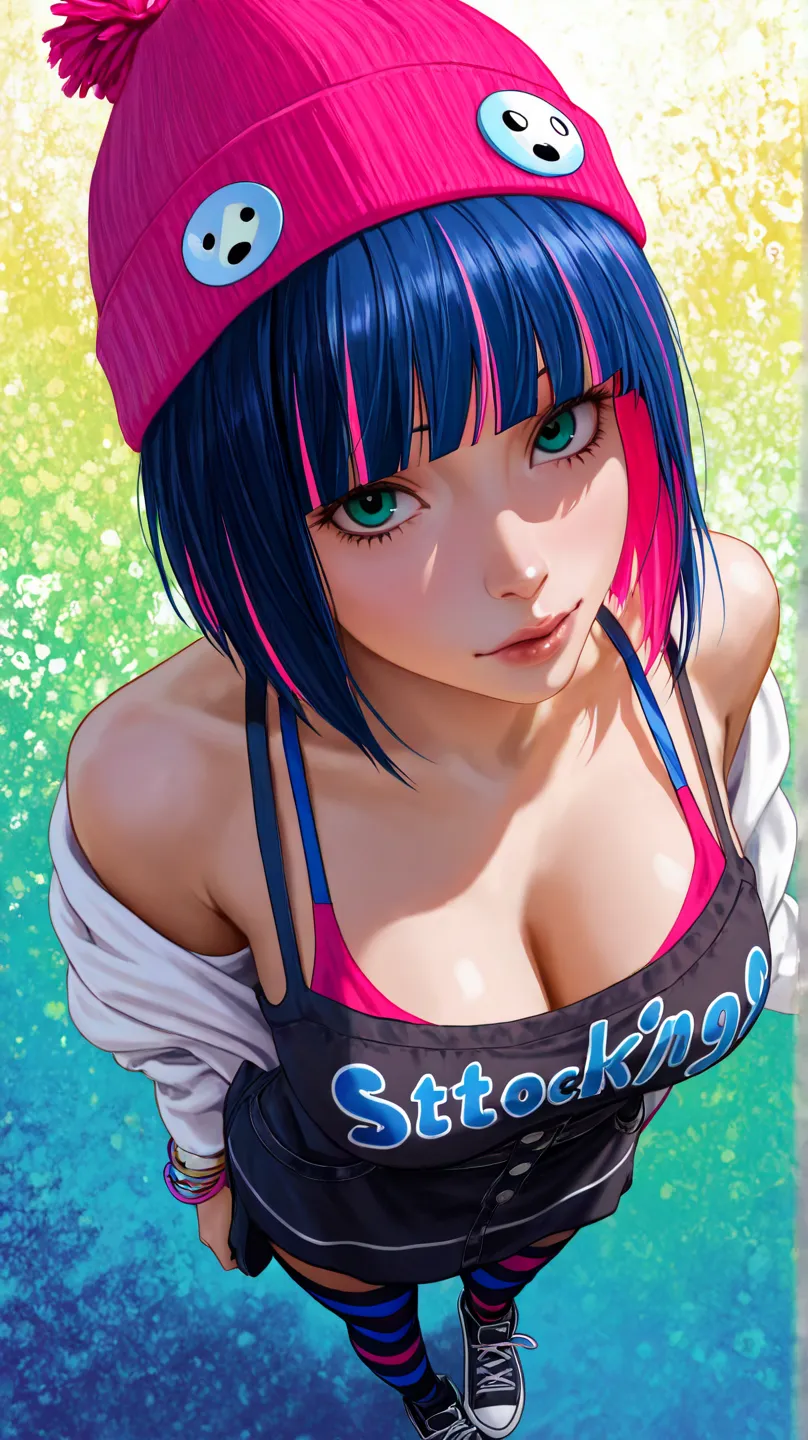 "Stocking from 'Panty & Stocking,' street fashion pin-up style, wearing a cap, slightly realistic art style, overhead view with strong perspective, cool and stylish vibe, colorful background, intricately detailed clothing and hair, sharp and natural lighti...