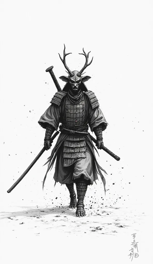 drawing of a japanese samurai walking on a snowy surface with a white background, demon warrior, loose pencil sketch, animal drawing, an anthro samurai, pencil and ink, anthro samurai, monochrome drawing, in a menacing pose, anthropomorphic samurai, ink an...