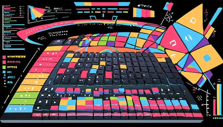 Great console : Regular measurement console  ,black background,button,switch,keyboard with an organization of, Split the canvas into colorful squares, Create a harmonious and powerful composition ,information,Graph paper,Scale , graph, Geometric Model