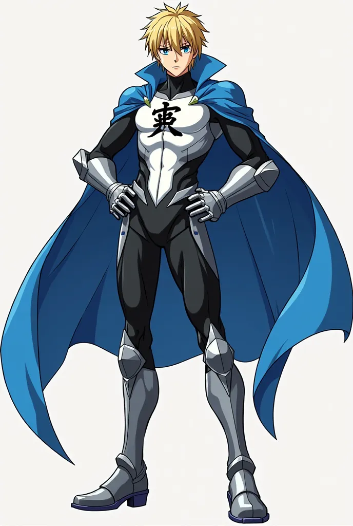 A full view anime picture. A young man blond neck length hair and bright blue eyes shining brightly. He is dressed in a white and black bodysuit with a blue cape. He has steel gauntlets around his forearms and steel plates on his shins, with black combat b...