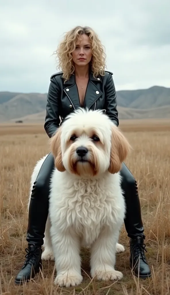 A small  with curly blond hair and fair skin sits confidently on a giant Shih Tzu, positioned further back in the frame. The  wears a sleek black leather jacket, matching black pants, and polished black boots. The Shih Tzu has an enormous, flowing white co...