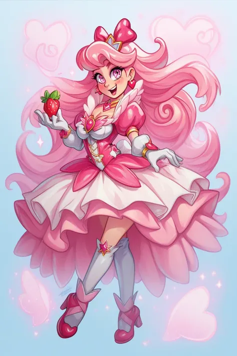 a magical girl with full long hair in the color light pink , light pink eyes,And your clothes in the color pink and straberry, tape,full body