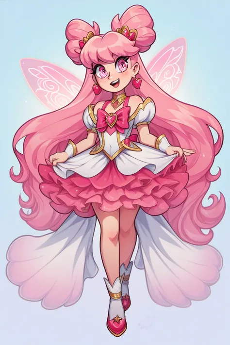 a magical girl with full long hair in the color light pink , light pink eyes,And your clothes in the color pink and straberry, tape,full body