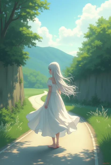 White haired anime girl in white dress is standing on the back road as the embankment