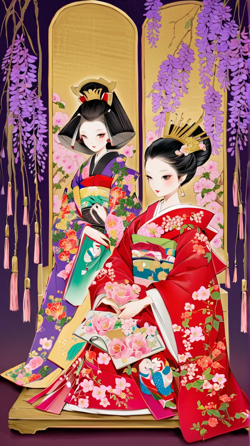 A pair of exquisite Hina dolls, dressed in elaborate, traditional Heian-era kimonos, sit gracefully on a tiered display adorned with intricate golden patterns and delicate cherry blossoms. The Empress has a serene, elegant expression, her long, flowing bla...