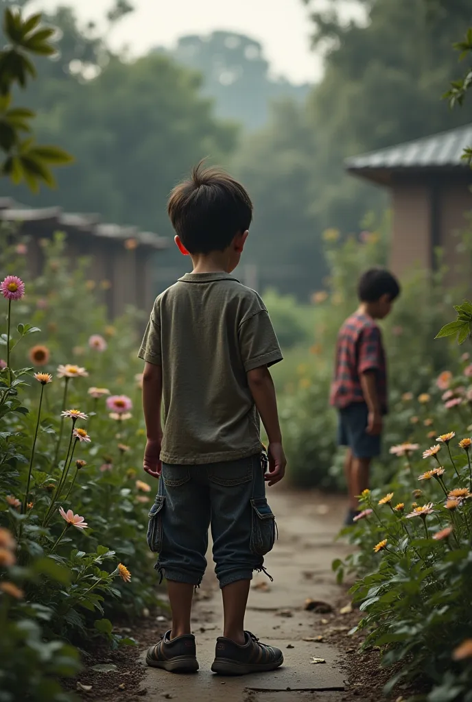 En premier plan, un enfant de dos, habillé de manière négligée avec des habits déchirés. En arrière plan dans un jardin munucipal, des enfants sont en train de lire, d’écrire et de jardiner