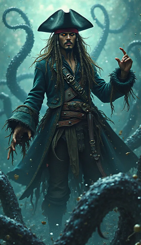 A monstrous fusion of Jack Sparrow and the Kraken emerges from the depths. His arms are entwined with writhing tentacles, and his coat is tattered with barnacles and seaweed. His hat remains cocked at a daring angle, but his eyes glow with deep-sea mystery...