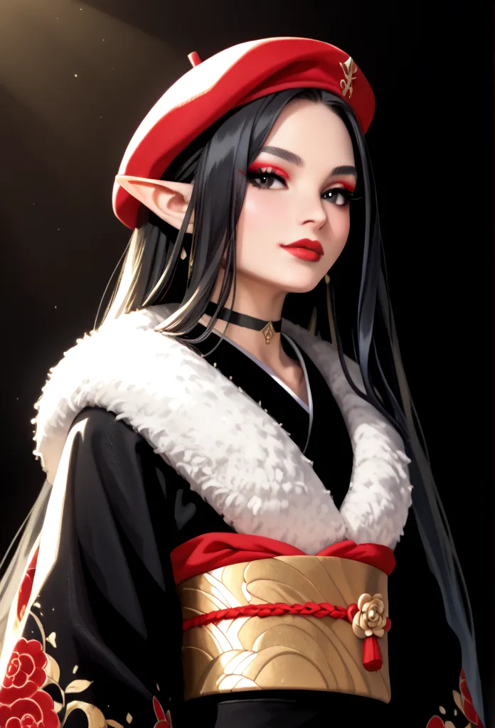 Create an elaborate illustration of a petite, European, elf-like female character with regal features. (model pose), (photoshoot). (oval-shaped face), (small eyebrows), (expressive almond-shaped eyes), (dark eyeliner), (long bold eyelashes), (glossy red li...