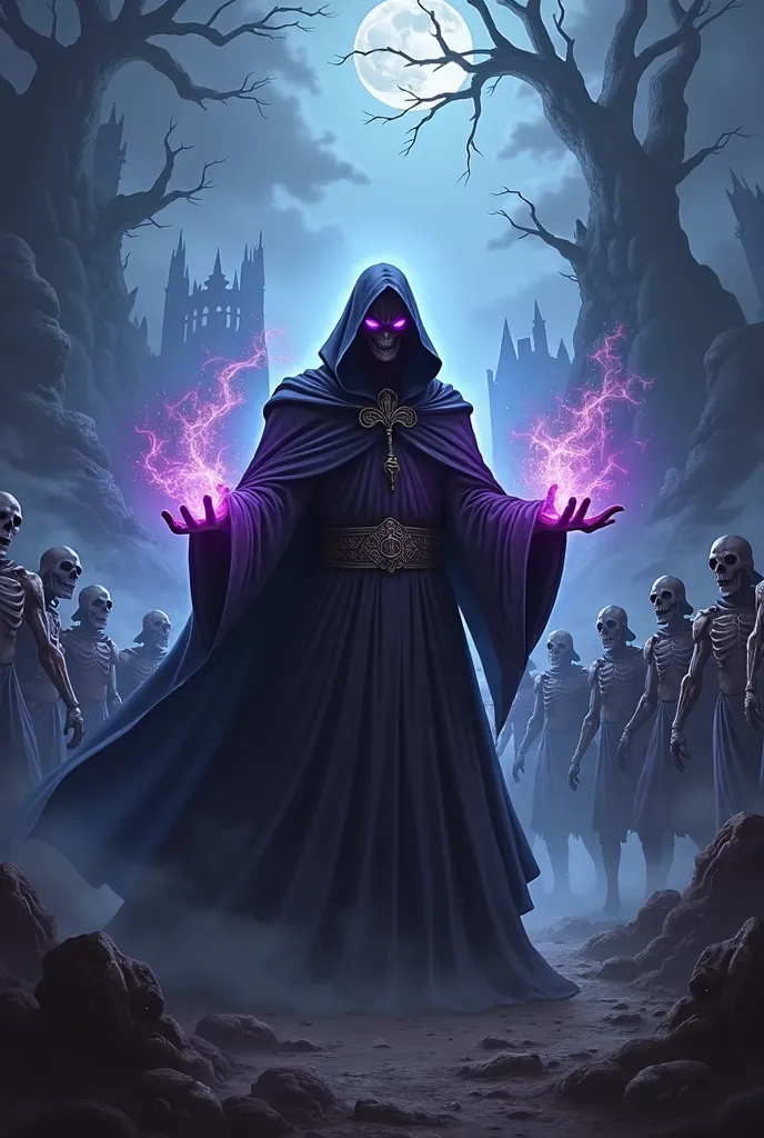 A dark magician with shining purple eyes sitting on a destroyed throne around him is an army of undead, and near the throne is a loyal sexual servant 