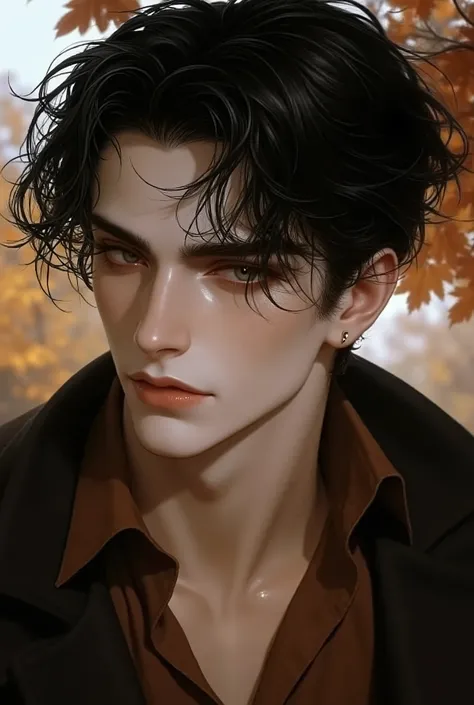 Boy, black hair, brown eyes, serious sharp features, light white skin, shiny light pink lips, handsome, perfect, elegant looking, wearing a brown shirt, jacket and jeans, high quality resolution, clear colors, autumn weather.
