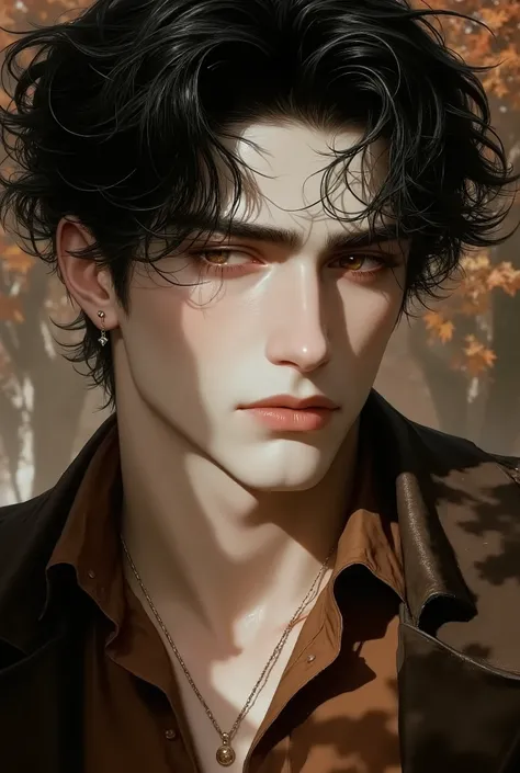 Boy, black hair, brown eyes, serious sharp features, light white skin, shiny light pink lips, handsome, perfect, elegant looking, wearing a brown shirt, jacket and jeans, high quality resolution, clear colors, autumn weather.