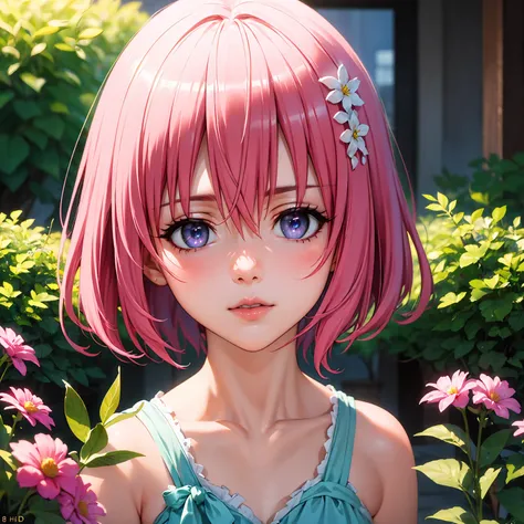 momo velia deviluke, hair ornament, bob cut, short hair, pink hair. She has pubic hair. She and a boy have vaginal sex standing split. nsfw 
