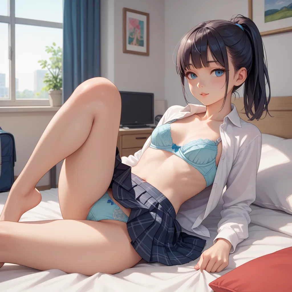 anime,Beautiful Girl,plaid pleated skirt,white shirt,blue bra,The button is locked,Japanese, middle school student,ponytail,(small breasts),bedroom,best quality, amazing image quality, wopen leg,She's shyly flipping through her skirt,A little bit of her pa...