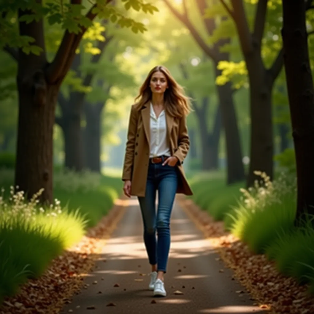 （Peaceful image of a stylish woman walking in nature。she is strolling through quiet forest paths and beautiful parks、The surrounding area is rich greenery、tree々with soft sunlight shining through。 with a relaxed expression 、wearing casual yet elegant clothe...