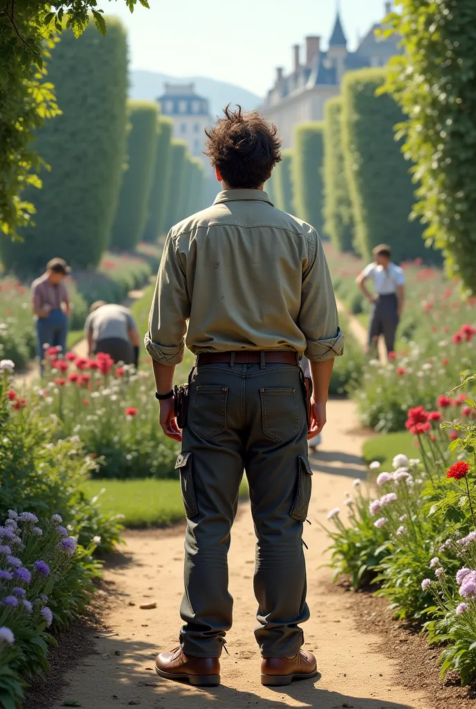 A French , from behind is dressed in a really sloppy and dirty way, in front of him ren in a French-style park are gardening, Read