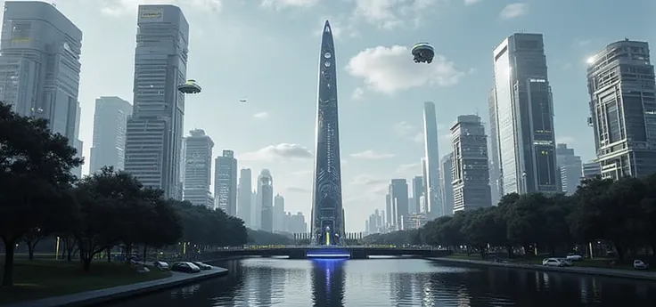 Detailed super futuristic image, 8K, of the Washington Obelisk and Lake, In the future, surrounded by skyscrapers and elements of the future, very real image, that resembles the reality of what it is today.