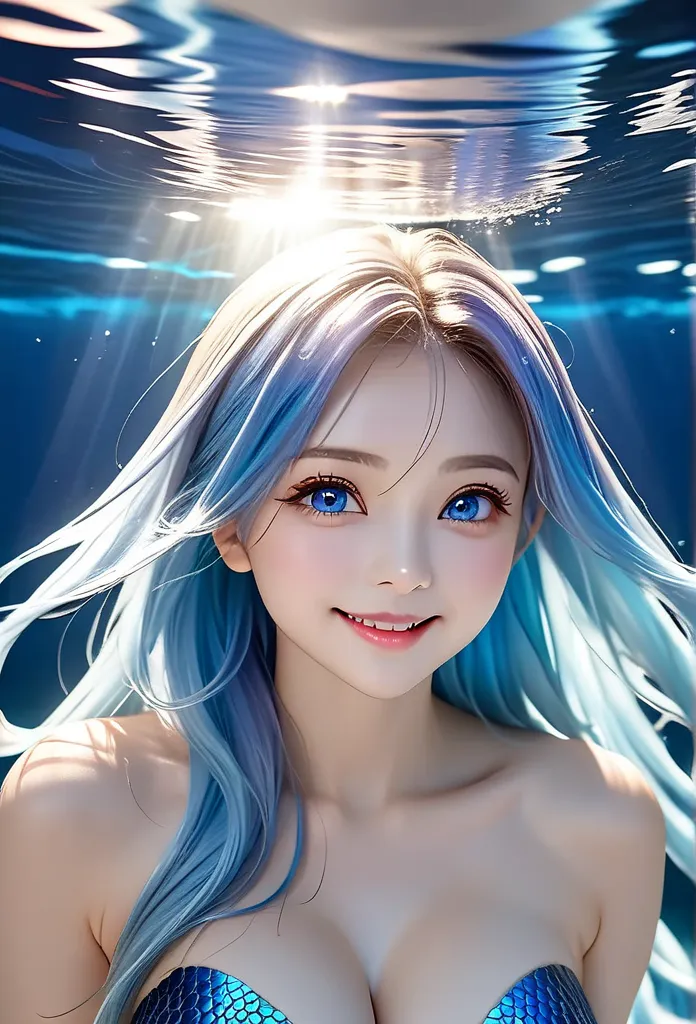 Underwater World ,  beauty,   young woman   , mermaid , full body ,  Big breasts ,  Smile at the lens ,  Striped Hair ,  Striped Hair   ,  Sky Blue Hair ,   long hair,   blue eyes, eye reflection,   Light trail ,  Reverse Swap ,   blurry, Fluorescent light...