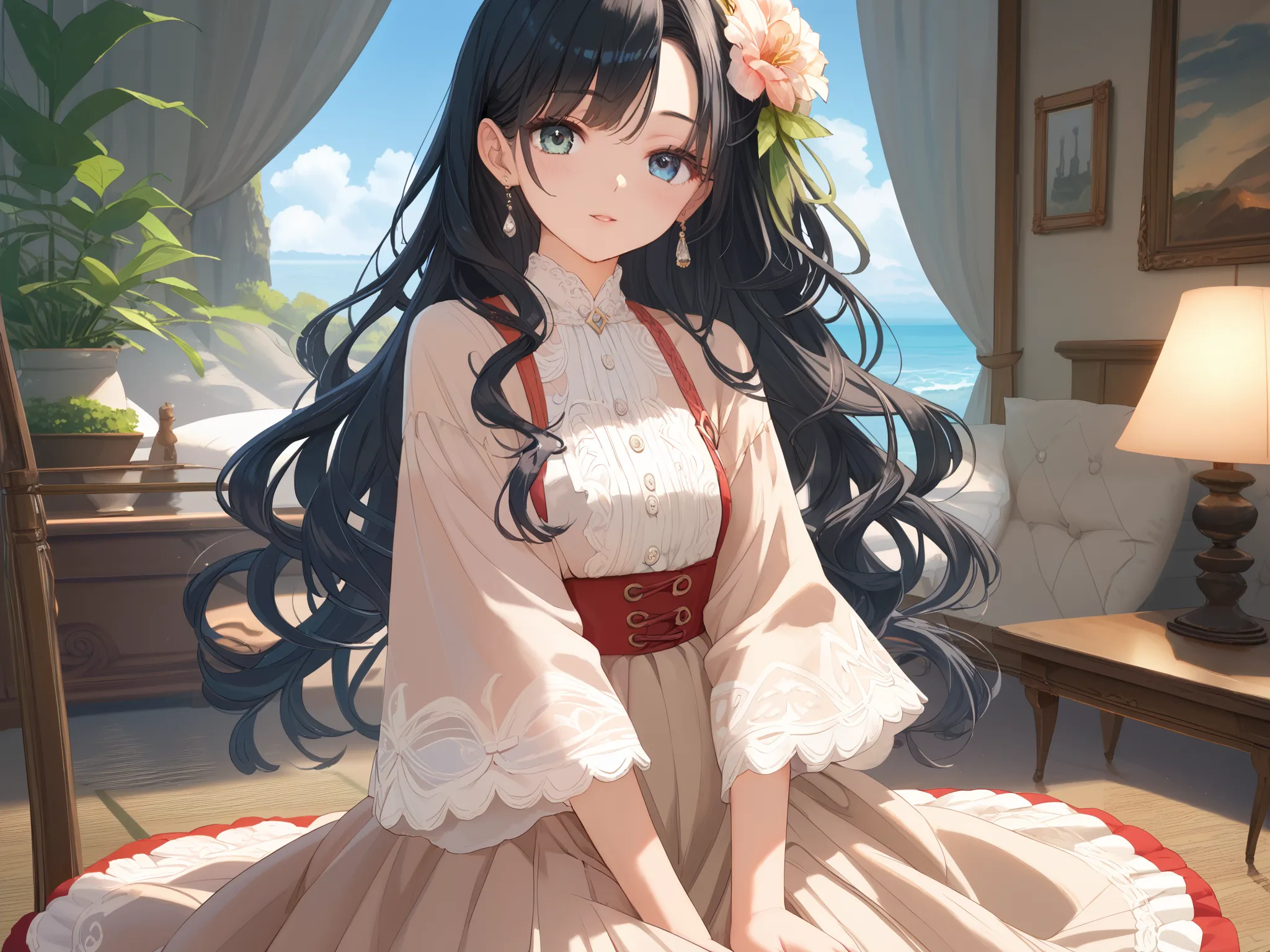 long hair,wave long black hair,master piece,best quality,ultra detailed,  highres,wave hair,Japanese woman with long black hair,masterpiece、Highest quality、Western-style room