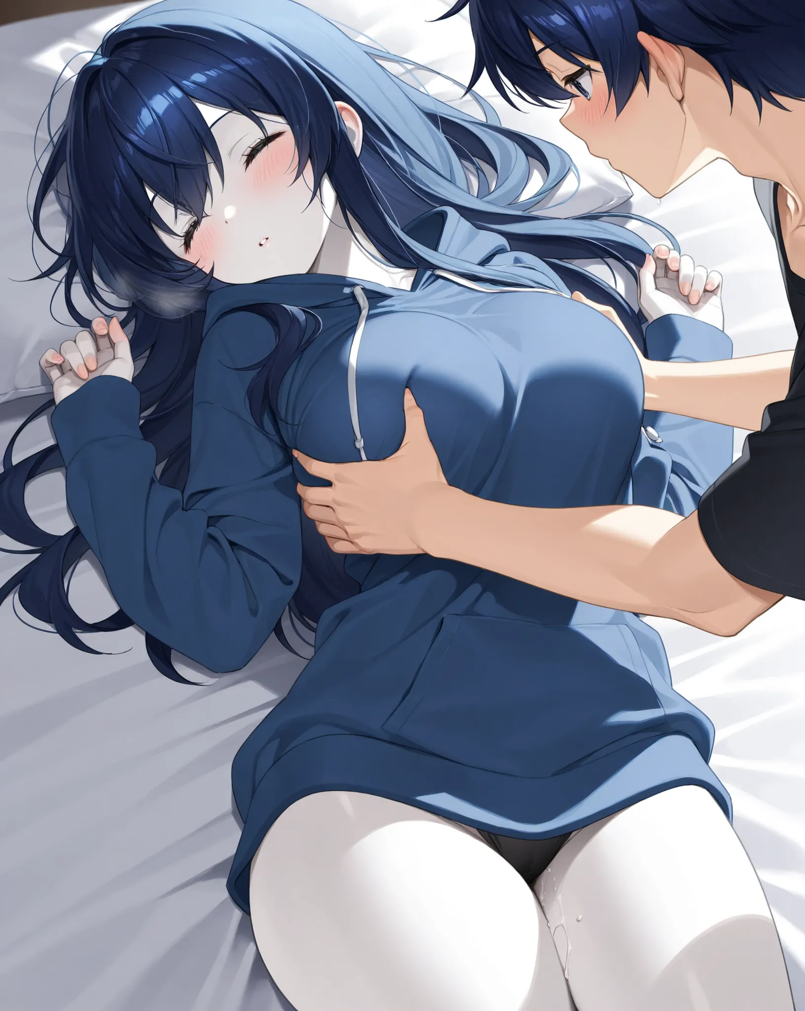 best image quality、Hi-Res、 dark blue hair 、dark blue eyes、 bet、 hoodie 、beautiful breasts、  best thighs、long hair、best image quality、 white skin、Straight face、older brother、sex。E Cup、 chest massage、 sleeping、Kiss、blush