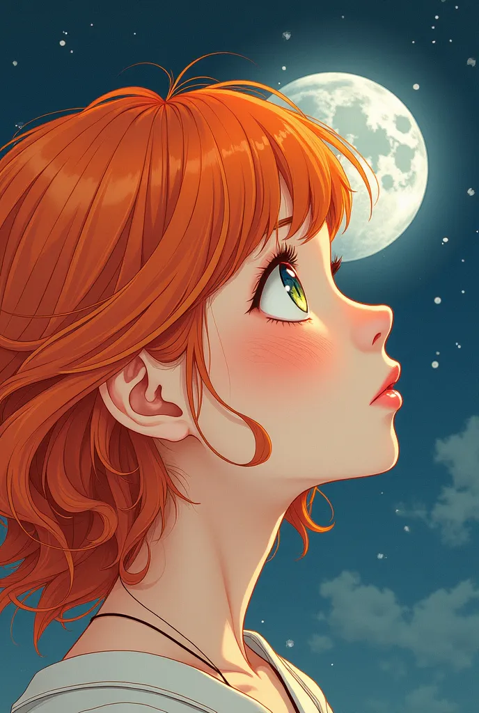 A girl with orange red long hair manga style without background looking at moon no color 