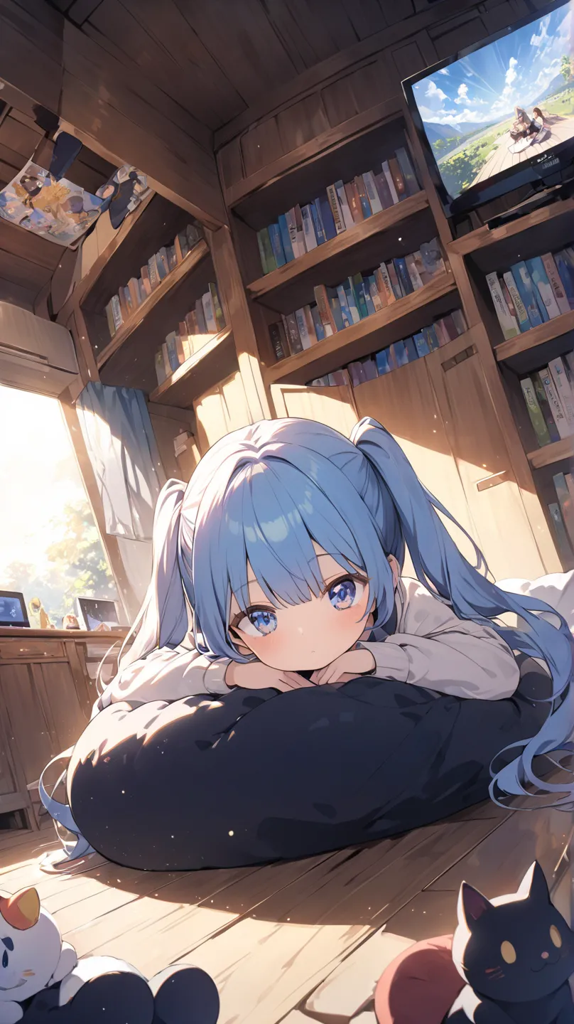 1 girl, room、tv set、Books棚、 table、 carpet、Japanese cushion、Books、flower、Blue Eyes, yellow hair、Twin Ponytail、Wide angleショット, Wide angle, Dutch Angle, glitter effect, blurred background, lens flare, 