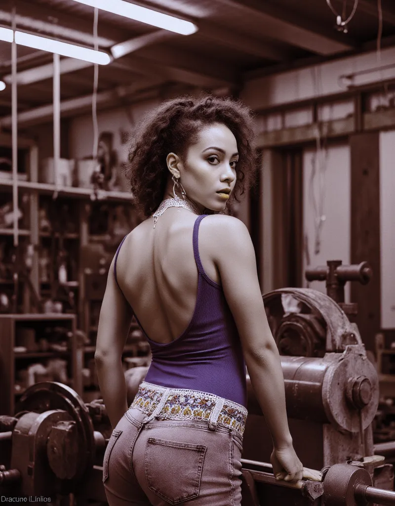 Professional photo of a woman in a rustic woodworking studio, wearing a vibrant blue open-back bodysuit and fitted denim jeans. A decorative belt with colorful patterns cinches her waist, and a delicate white lace ribbon adorns her curly hair. She stands w...