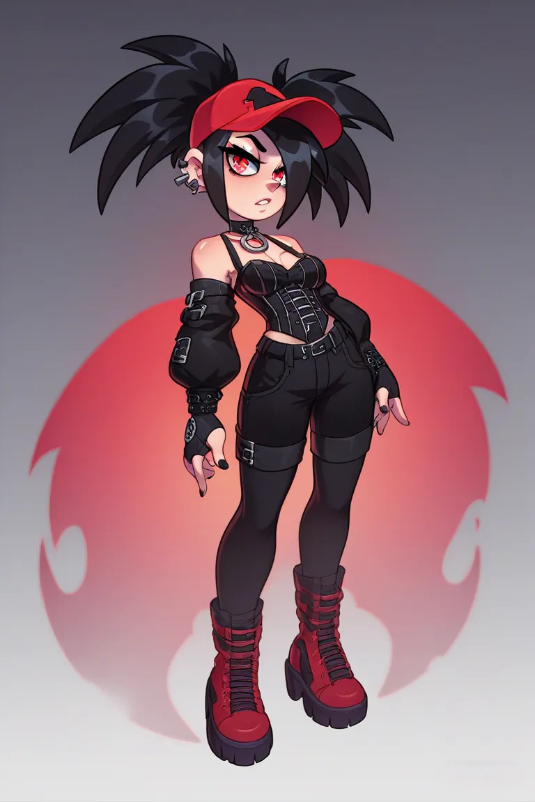 A magical boy with short hair in the color black ,Red Eyes,And your clothes in black and red,with a red cap covering half of his face,Full body radical gothic clothes,full body