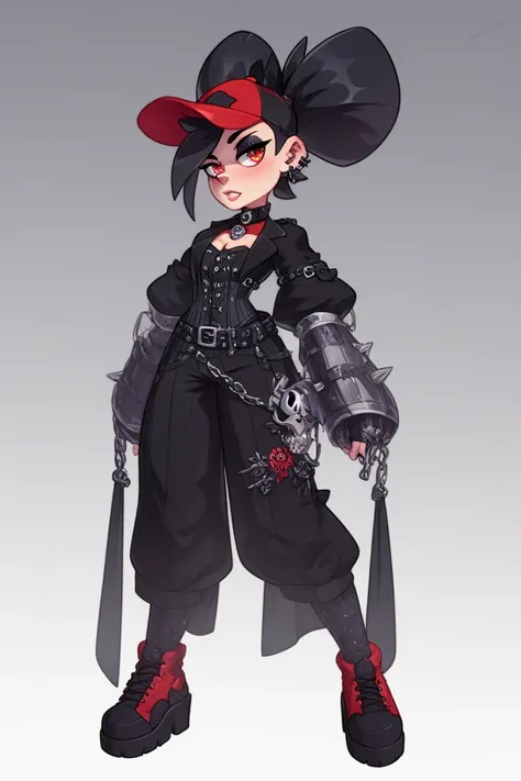 A magical boy with short hair in the color black ,Red Eyes,And your clothes in black and red,with a red cap covering half of his face,Full body radical gothic clothes,full body