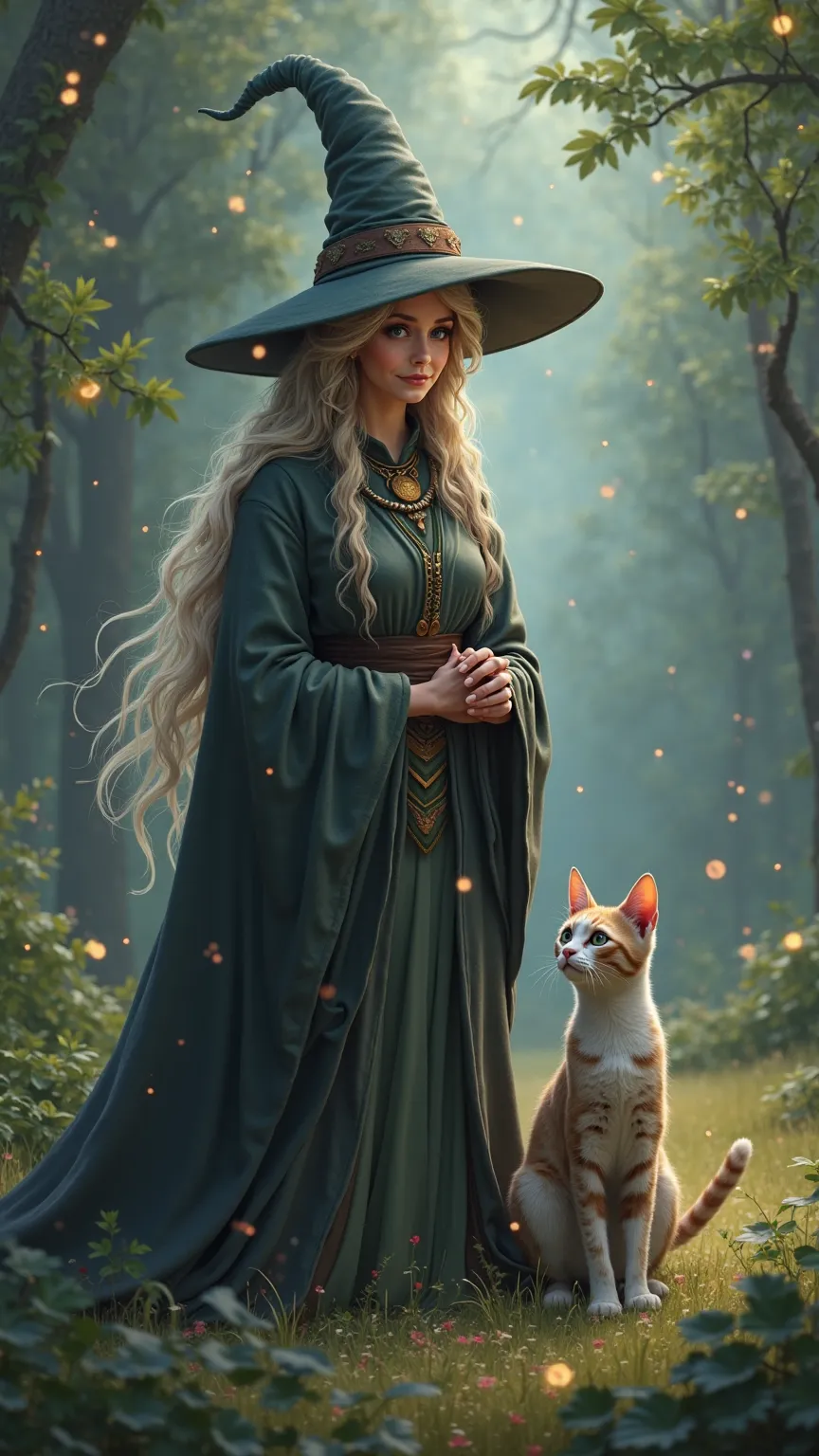 The witch standing beside the cat, smiling with pride as the cat is now healed.