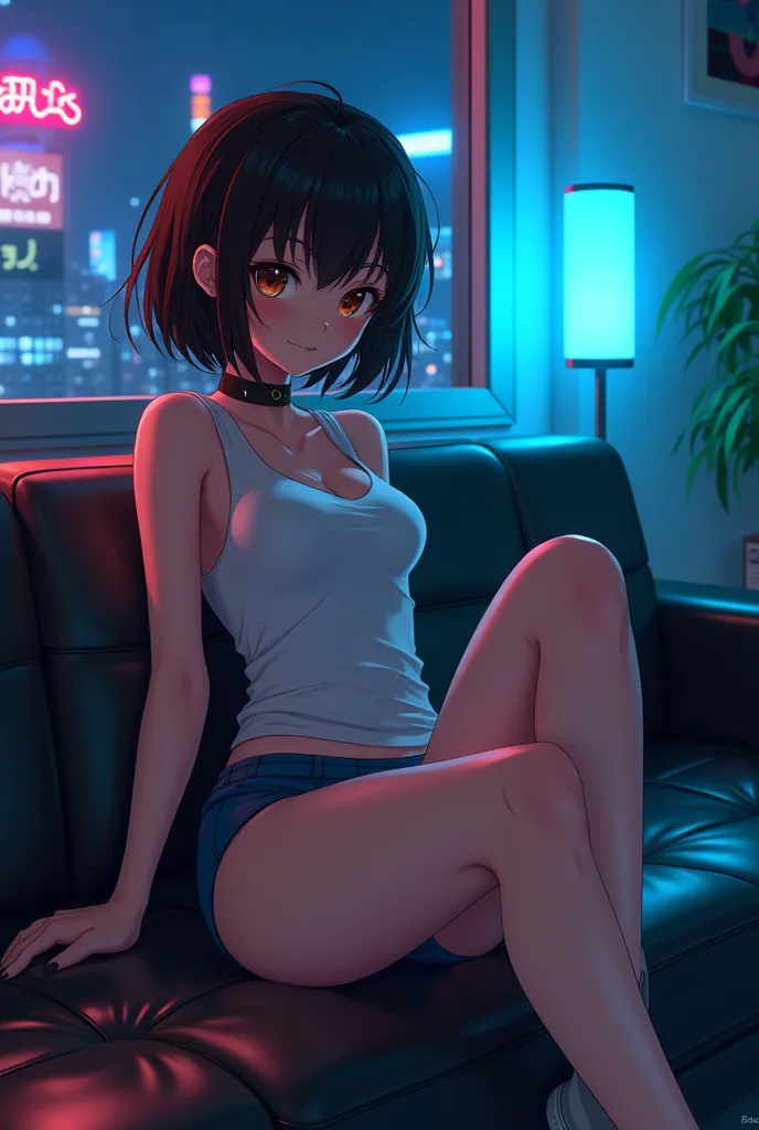 Ultra-detailed anime artwork, trending on ArtStation, 4K resolution. A playful anime girl resembling Nagatoro (short dark hair with red highlights, mischievous amber eyes, petite build) lounges casually on a sleek modern sofa in a dimly lit room. She wears...