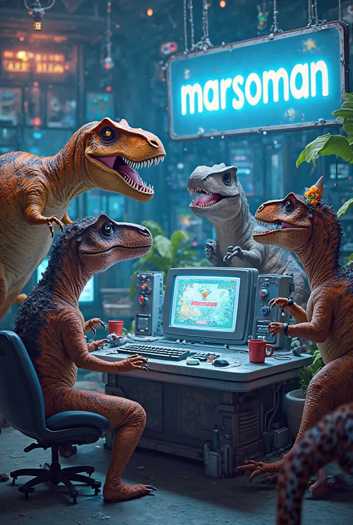 Dinosaurs playing games on the computer behind it have the word Marsoman