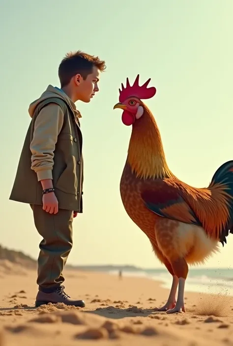   standing against a chicken they are both ready to fight and standing against a chicken they are both ready to fight and stand on the sand