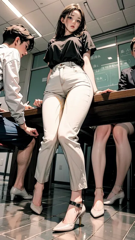  female teacher pees during group photo shoot、incontinence、pees herself、pee a lot、 from below、 white suit、high heels、 Perfect Body 、very beautiful、 aligning up with students in front of the school building 、Female Teacher Who Is Embarrassed and Blushes、Fem...