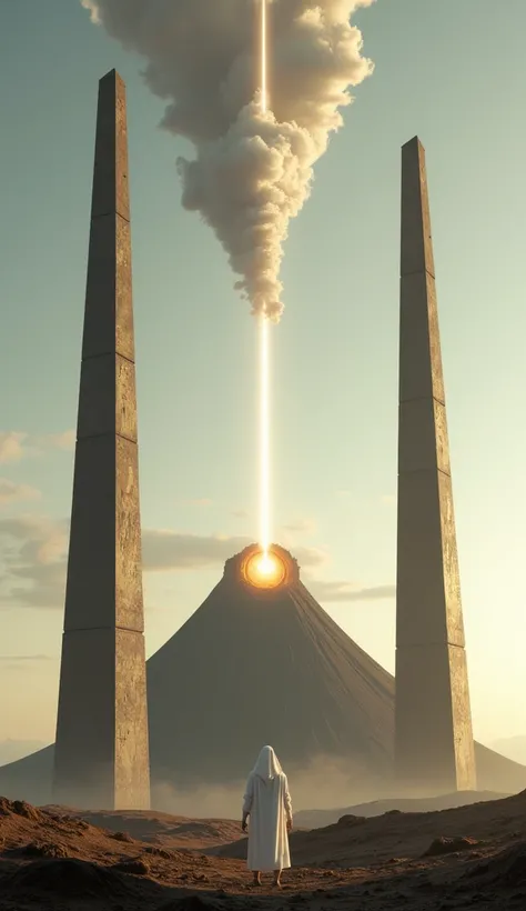 In a surreal landscape, three towering obelisks pierce the sky. Two levitate mysteriously, while the central obelisk is fractured, revealing a glowing sphere within. A lone figure in white stands before a small volcano, wisps of cloud swirling around its p...