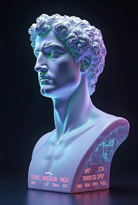 Create a digital image of a holographic bust of a male figure, reminiscent of Michelangelo's David, set against a dark background. The bust should feature an iridescent texture with soft gradients of blue, purple, and pink for a holographic effect. Include...