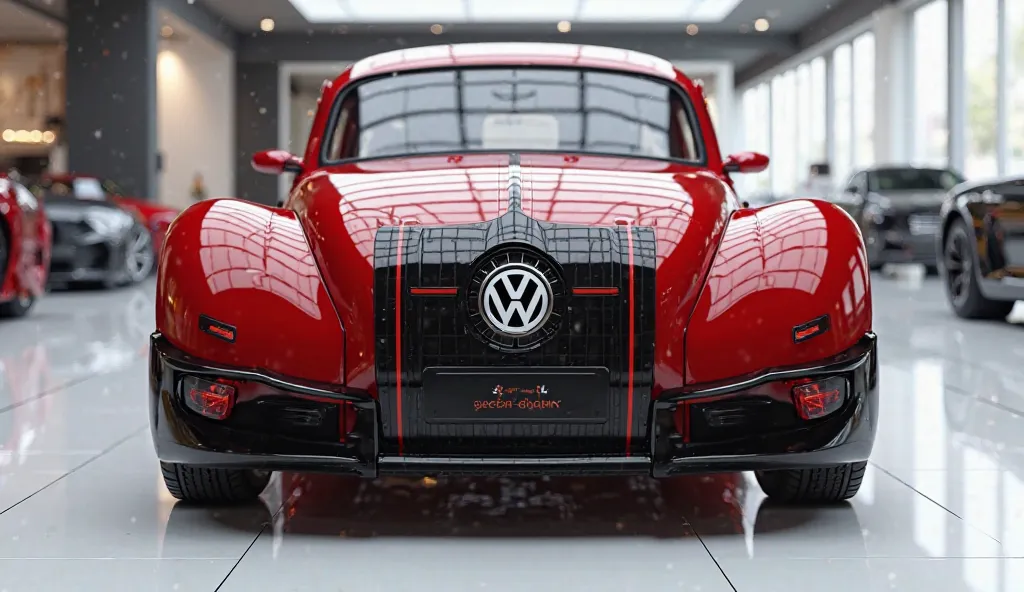 create an ultra-detailed 3D render  close front  view, of a modern 2026 Wolswagen super Beatle with a bold designy  looking long like limousine captured from close front  view. The car should feature a 'Gleamy oily Red ' color and black accents with a ' Wo...