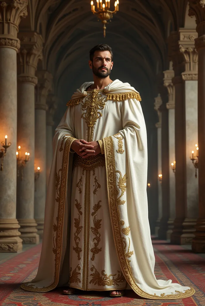 Medieval Roman empire, Nobel man selfie in castle, wered embroide medieval clothes white and gold. 