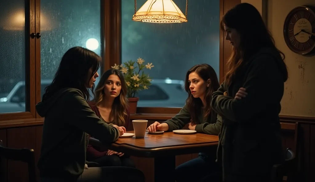 A tense, emotionally charged café scene at night. Three adult women are present: Camille (long dark hair, hoodie, looking guilty and conflicted), Riley (shorter hair, sitting across from Camille, shocked and hurt), and Lauren (standing beside the table, ar...