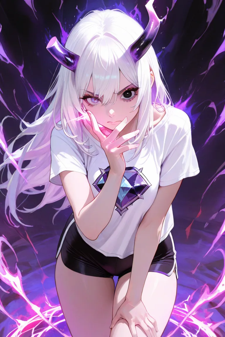 masterpiece,1 woman,Beautiful fingers, short white hair ,black eye and purple diamond eye upil,, sword Purple Magic Aura,Red Magic,attack magic to put 1 hand forward,Use, purple color horn, high quality, masterpiece, Super Detail, 1 日 girls, highly detaile...