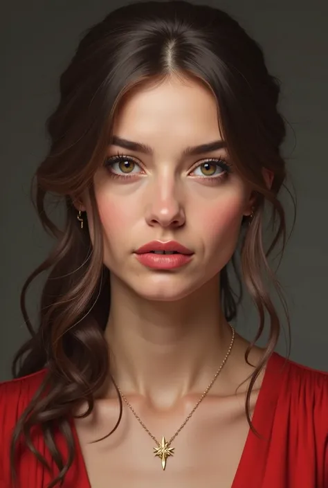  A close up of a woman wearing a red dress and a necklace., I&#39;m expressive oil painting, photo realistic and beautiful face , hyper realistic and beautiful face , accurate ultra realistic faces , ultra realistic faces, charli bowater,  realistic and be...