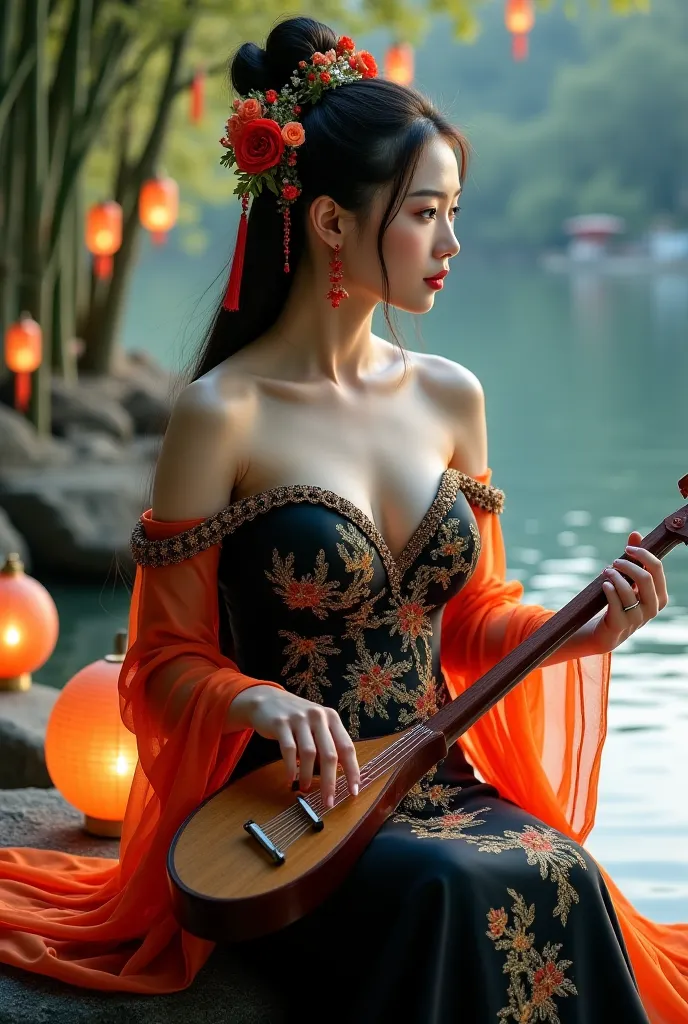 "An exquisitely beautiful young Chinese woman with a very large, voluptuous bust playing the guzheng by a serene lakeside, surrounded by lush bamboo, misty rocks, and soft moonlight. She wears an extremely seductive, off-shoulder hanfu dress in black with ...