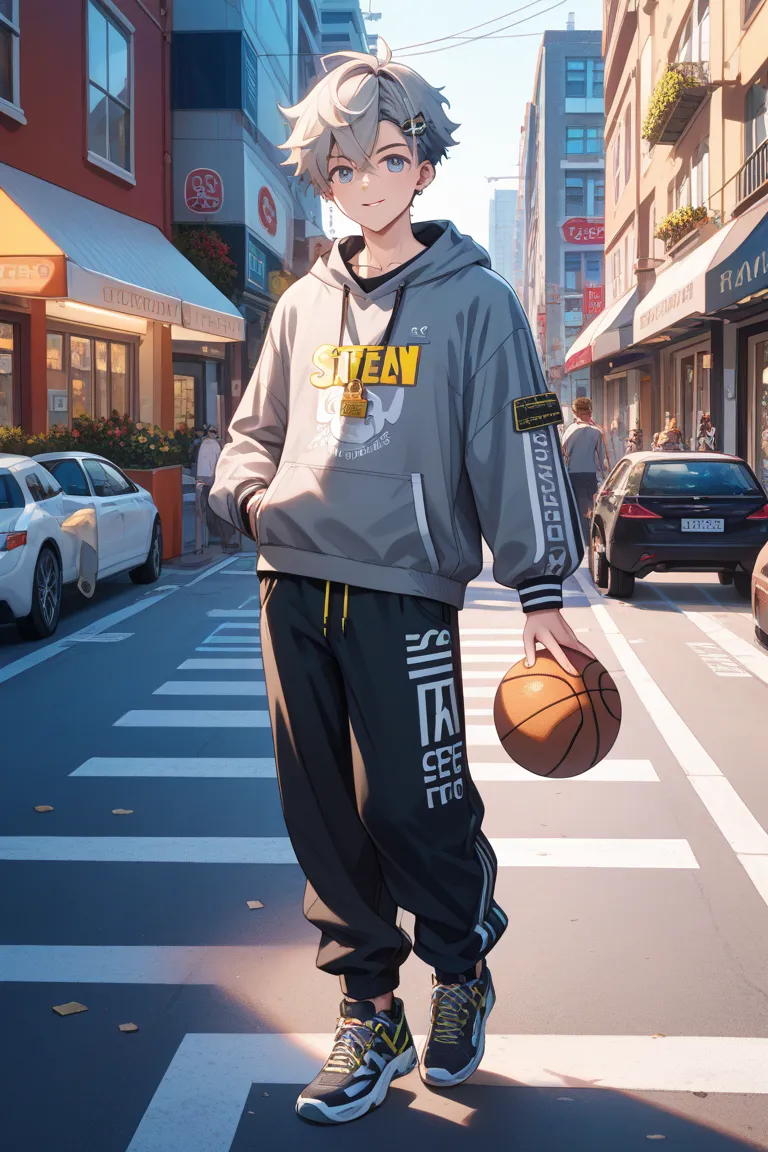 patterned blouson、grey sweatshirt 、black oversized baggy pants、Man wearing basketball shoes