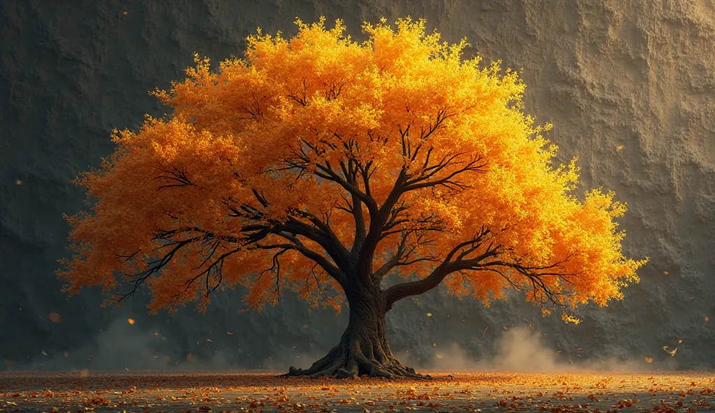 A vibrant, golden tree stands out against a textured dark background, symbolizing autumn's beauty and change.
