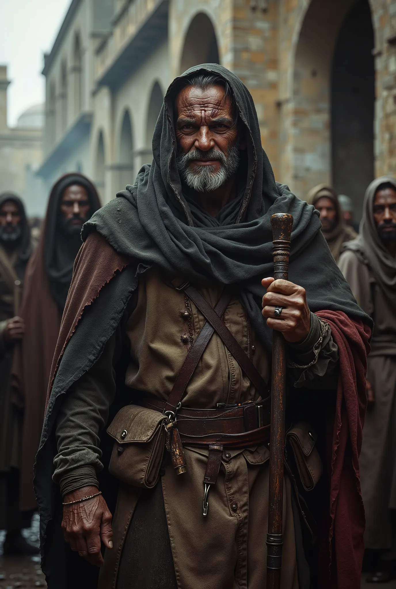 A vile group of scarred and scary male African and Arabic human bandits are standing in a Gothic medieval slavemarket. The bandits' leader is a wiry middle-aged man with a cruel smile and horrific scars.