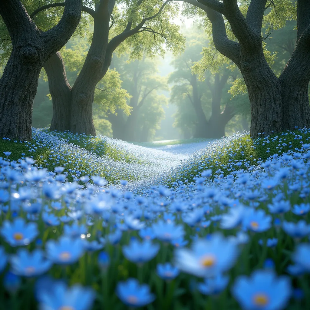 nemophila flowers spreading like a blue sky々A garden filled with blooming flowers。The surrounding area is overgrown with green eucalyptus trees