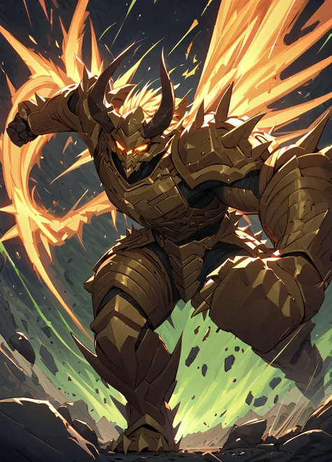 masterpiece, best quality,   zzBlckWrgrymn, solo, no humans, horns, armor, helmet, blonde hair, spikes, yellow eyes, 1boy, male focus, monster, claws, robot, shoulder pads, mask,  wings, dynamic pose,   incoming attack, foreshortening, dynamism, motions li...